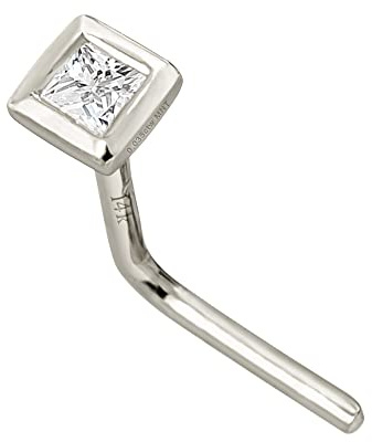 Jewelry Avalanche Solid 14Kt Gold Bezel Set princess Cut Moissanite Nose Stud - 22G L-Shape Stud - L-Bend Nose Ring - April Birthstone Nose Ring Stud-NBBZ-MNTP1.5WG