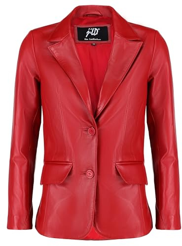 Jild Classic 2-Button Lambskin Leather Blazer Women - Casual Coat Long Sleeves Suit Style Leather Jacket Women (LC-RED-XXL)