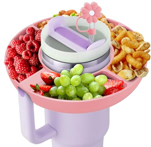 Snackskål för Stanley Cup 30 oz med handtag – perfekt kompatibel med Stanley Quencher H2.0 tumbler 8,5 dl med handtag, återanvändbar silikon mellanmålsbricka, Stanley kopptillbehör – julklappar (rosa)
