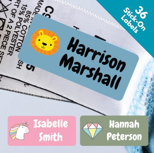 QuoteMyWall 36 Stick On Clothing Labels for School Uniform Clothes | Washable No Iron Personalised Name Sticker Tags Kids, Customised Children's Stationery (Blue)