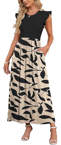 AUSELILY Womens Maxi Evening Dress for Women Summer Long Dress with Pockets Plus Size Casual Dress for Wedding，Maternity Apricot Black Leaves,XL