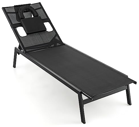 GOPLUS Sonnenliege, Liegestuhl Garten mit Gesichtsöffnung & 2 Seitenlöchern, Gartenliege wetterfest, Rücklehne 5 stufig verstellbar, inkl. 2 Kissen, bis 150kg belastbar, Strandliege Garten Balkon Hof