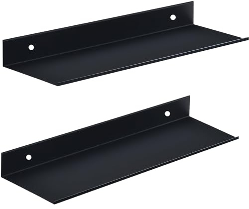 2 Pack Black Shelves,Metal Shelves for Wall,Self Adhesive Small Shelf for Photo Picture,Bathroom Shelf No Drill,Wall Mounted Black Floating Shelves for Living Room,Kitchen,Bedroom,Shower Caddy (30cm)