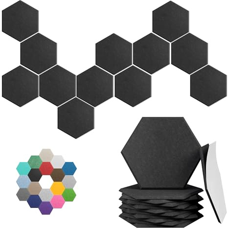 Sechseckige Akustikplatten, 12 Stück, selbstklebende Schallplatten (schwarz) | Hochdichte 30,5 x 25,4 x 1 cm schallabsorbierende Wandfliesen für Studios, Büros, Spielzimmer, Heimkinos und Schlafzimmer.
