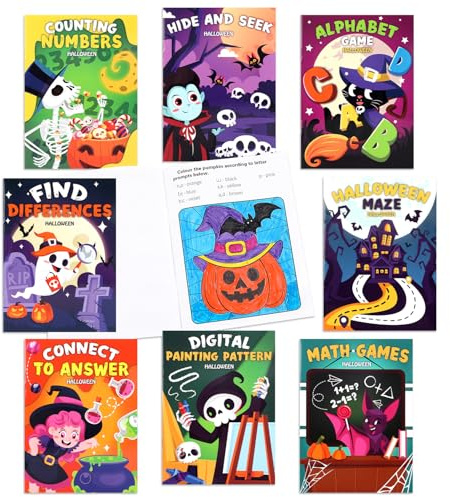 ZALAON Halloween-Mal- und Aktivitätsbücher, 8 Stück, Halloween-Malbuch für Kinder, passende Spiel-Labyrinth-Malvorlagen für 4–8 Jahre
