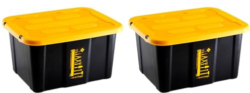 Acan Tradineur - Confezione da 2 scatole di stoccaggio impilabili con coperchio, in plastica, cassetto multiuso, organizzazione, attrezzi, casa, fabbricato in Spagna (30 litri - Giallo/Nero - 48 x 35