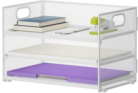 Marbrasse Schreibtisch Organizer Aktenhalter, 3 Ebenen Papier Briefablage mit Handgriff,Netz Ablagefächer für Büro Bedarf Dokumentenablage(Weiß)