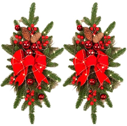 Künstliche Weihnachtsgirlande in Tropfenform, 61 cm, kabellos, vorbeleuchtet, Treppengirlande, Kranz, Tür, Treppe, Girlande, Weihnachtsgirlande für den Außenbereich, Haus, Garten, Rot, 30 x 69,9 cm, 2