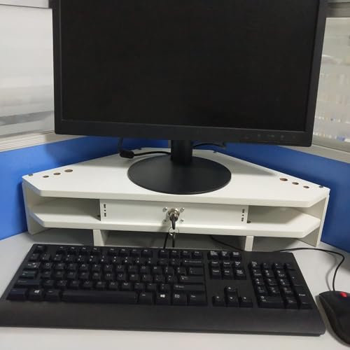 WOTZOV White Corner Monitor Stand with Drawer, Triangle Screen Riser Ergonomic Organizer Storage Rack, Universal Corner Lift for Pc Laptop TV