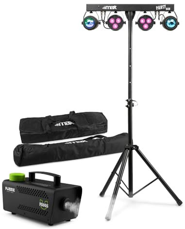 MAX PartyBar1 DJ Light Bar Package with RGBW Lighting, F500S Fog Machine & Remote, Stand, Par Cans, Jelly Balls, and Protective Carrying Bags â€“ Complete Disco Light Package for Events & Parties