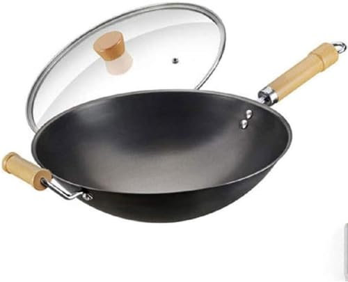CHFYIJYHM Wok con tapa, wok de acero al carbono antiadherente, wok profesional de acero al carbono con asa, wok de acero al carbono pesado martillado a mano Pow Wok