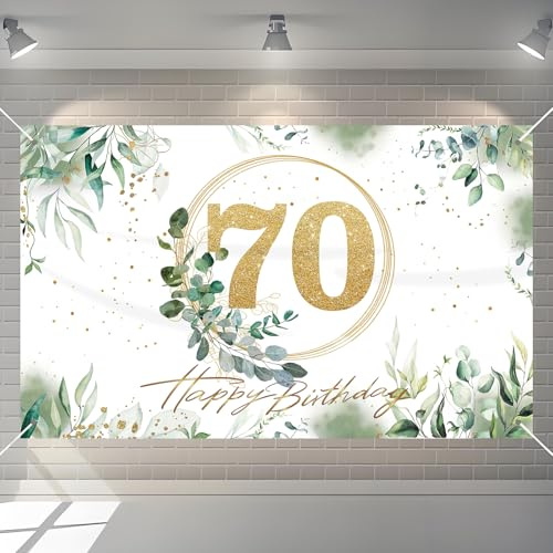 BORISCA Decoración para 70 Cumpleaños Verde Blanco Oro - Pancarta Feliz Cumpleaños en Español, Cartel de Fondo de 70 Año Happy Bithday para Fiesta Adornos