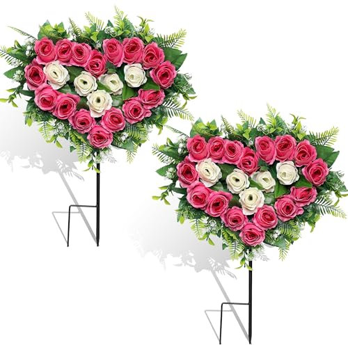 Hibsotco Artificial Cemetery Flowers Wedding Flowers Silk Flowers Artificial Roses Heart Bouquet with Long Spike for Ourdoor Grave Wedding Party Decoration (Pink White)