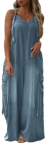 Jumpsuit Damen Sommer Lang Locker Latzhose Damen Arbeitshose Blau Hosenanzug Elegant Einteiler Mit Taschen Overall Ärmellose Arbeitslatzhose Einfarbig Strampler V-Ausschnitt Romper Casual Playsuit