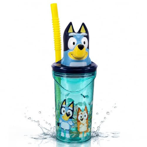 Bluey Gobelet en plastique avec paille en forme de figurine 3D sans BPA – Gobelet réutilisable pour l'école, le camping, les pique-niques – Gobelet amusant pour tout-petits et enfants – 360 ml