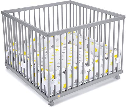 FabiMax Baby Laufgitter 100x100 Grau lackiert, stufenlos höhenverstellbar, mit Schlupfsprossen, Laufstall aus massivem Buchenholz (Gelbe Sterne)