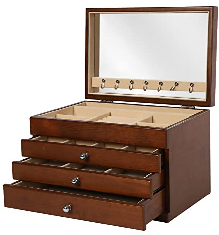 Portagioie serie portagioie con specchio, a 4 strati, in legno massiccio, 3 cassetti, per anelli, orecchini, bracciali, collane (colore legno)