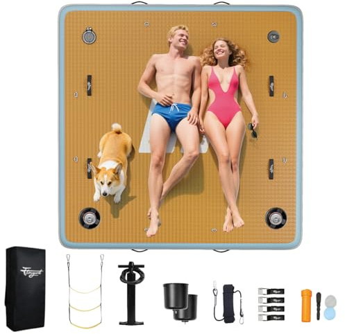 New 7×7 FT Inflatable Floating Dock Platform,Lake Floats for 3-5 Adults,Floating Island Raft with Non-Slip Surface,with Detachable Cup Holder,up to 1050 Lbs,for Pool/Beach/Ocean/Boat