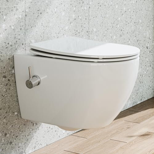 HOROW WC con ugello integrato, WC sospeso con funzione bidet, Taharet WC con rivestimento nano-rivestimento, WC con rubinetto, sedile WC con abbassamento automatico, acqua fredda, 53 x 36 x 35 cm