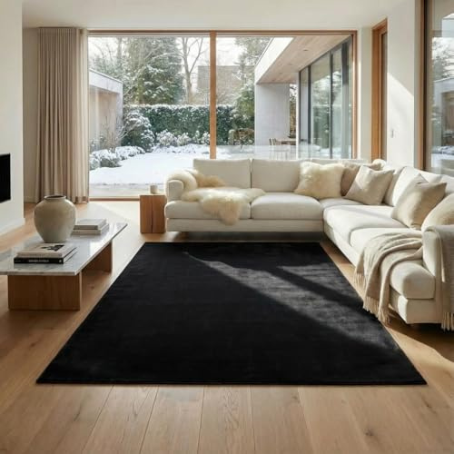 Jimri Flauschiger Teppich Läufer - Hochwertige Kurzflor Teppich für Zuhause, Büro, Küche, Eingang, Flur, Wohnzimmer - Maschinenwaschbar - Rutschfester Teppich Waschbar - 80x150 cm - Schwarz