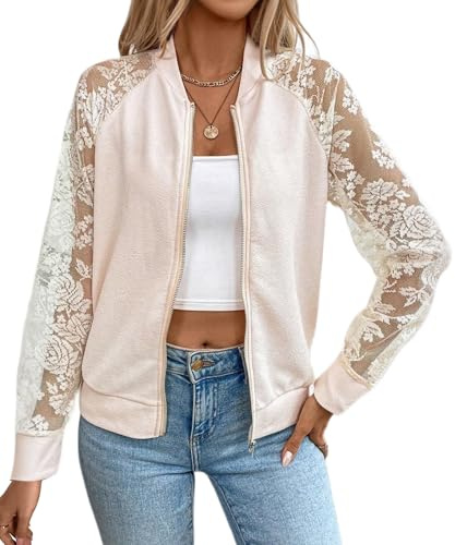 LEBOOBELL Damen Baseball Jacke Reißverschluss Langarm Jacke Spitze Leichte Dünne Casual Bomberjacke