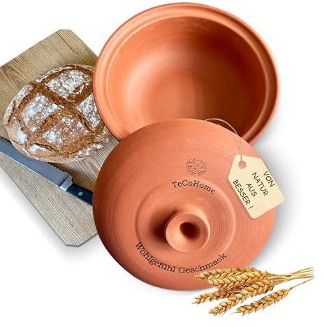 TeCoHome Brotbackform & Brottopf mit Deckel | Brotbackformen Natur-Ton zum Brotbacken | Brotbacktopf aus Ton, Tontopf Brot, Kastenform Brot, Brotkasten Keramik, Brotaufbewahrung, Brotform rund