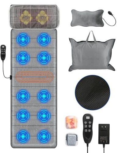 Full Body Massage Mat with Heat,Electric Massage Pad with Shiatsu Neck Back Massage Pillow,Massage Mattress Chair Pad W/ 10 Vibration Motors 3 Heating Levels for Neck,Back&Full Body Pain Relief