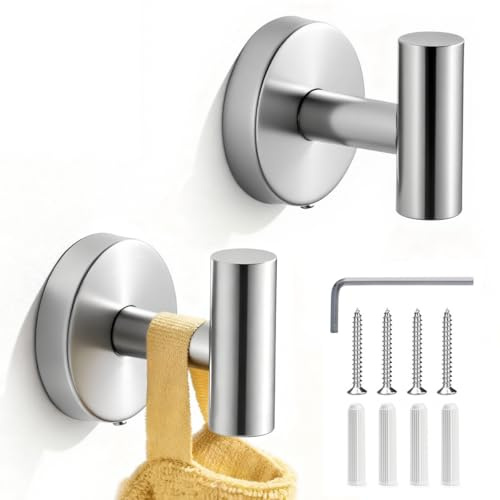 Drenky Bathroom Door Hook for Hanging Heavy Duty, 2 Pack Towel Hooks Silver Wall Hooks Screw in 304 Stainless Steel Metal for Towel, Coat, Robe, Clothes