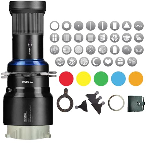 Bussi MG06 Max Professional Optical Snoot | 31 Metal Gobos + 4 Shutter Blades + 5 Color Gels | Bowens Mount 36° Lens | Compatible Aputure Nanlite Amaran LED Spotlight.(Extended Bowens Mount)