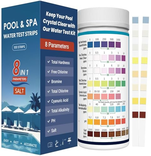 8‑in‑1 Pool‑Teststreifen mit Salztest – 100 Stück | Schneller Pool‑Wassertester für Salz, pH‑Wert, Chlor, Cyanursäure, Brom, Gesamtalkalinität & Gesamthärte | Für Salzwasserpools,Whirlpools&Spas
