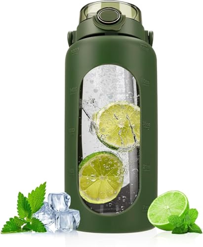 Gourde Sport,Bouteille D'eau étanche,Paille et Verrouillage Sécurisé,1800ml,Sans BPA,Anti Fuite Bouteille Motivation Avec Manchon En Silicone,Gourde En Verre Pour Randonnée, Bureau, Gym