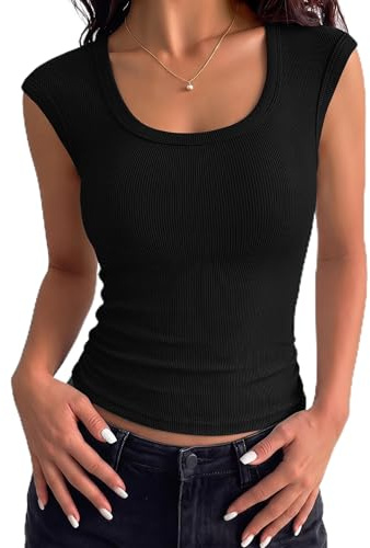 Aottori Tee Shirt Femme Col U Côtelé Manches Courtes Moulant Extensible | Top Femme Basique, Chic Élégant, Léger, Uni, Quotidien, Bureau, Sortie, Vacances, Doux Confortable