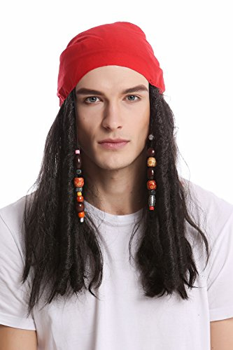 WIG ME UP - A72325-P1 Perücke & Bandana Kopftuch Damen Herren Karneval Halloween lang schwarz Perlen Piratin Pirat Seeräuber Rasta