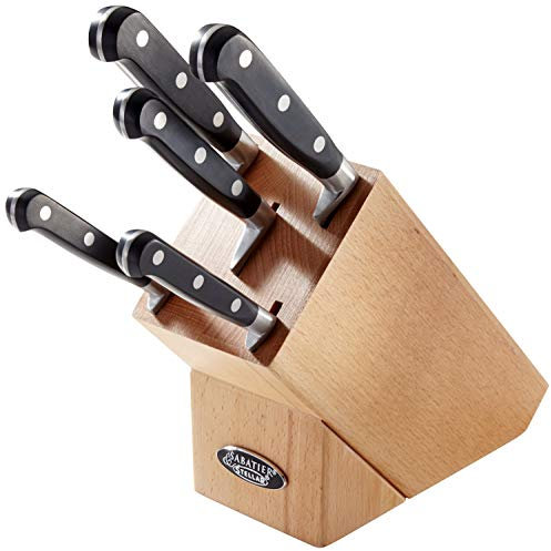 Stellar Classic Beechwood Knife Block with 5 Knives, Stainless Steel Razor Sharp Blades, Paring + Utility + Carving + Bread + Cooks Knife