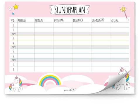 younikat Stundenplan Block A4 Papier - Einschulung Mädchen I Papier-Block zum Beschriften und Abreißen - Einhorn Rosa Regenbogen I dv629