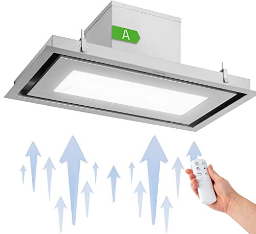 Klarstein Remy Brilliant Edition - Hotte îlot, 618 m³/h, 230 W, télécommande, lampe LED: 3 niveaux de luminosité jusqu'à 6500 Kelvin, filtre à graisse, extraction et recyclage d'air - 90 cm, argent