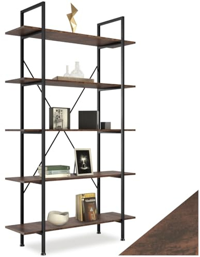 tectake® Glasgow Industrial hylla 106 x 34,5 x 179,5 cm, vertikal bokhylla, 5 hyllor med vacker ådring, förvaringshylla, enkel och snabb montering, bibliotek - mörkt industriellt trä