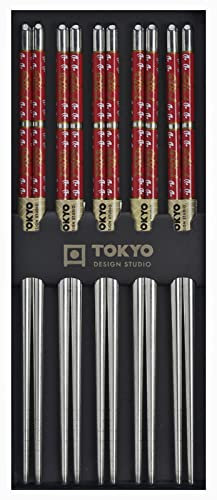TOKYO Design Essstäbchen Edelstahl 5er Set Rot, Japanisches Design Sushi Stäbchen, Chinesisch, Japanisch, Koreanisch, Wiederverwendbare Metall Essstäbchen