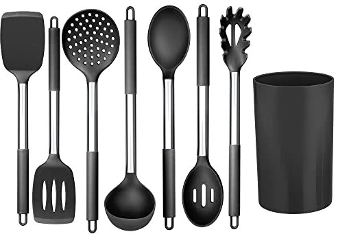 Joyfair - Juego de utensilios de cocina de silicona de 8 piezas con mango de acero inoxidable, antiadherente, resistente al calor, juego de cubiertos con soporte para utensilios, saludable y duradero,