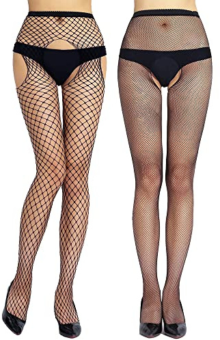 CITUYER Dam strumpbyxor hög midja fisknät tights nätstrumpor lårhöga strumpor, Svart-22+41, one size