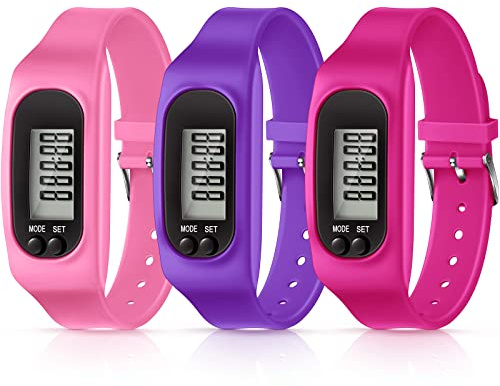 Reloj rastreador de fitness de silicona, 3 piezas para caminar, correr, podómetro, quemar calorías y contar pasos, reloj podómetro para caminar hombres, mujeres y niños (rosa, morado, rosa)