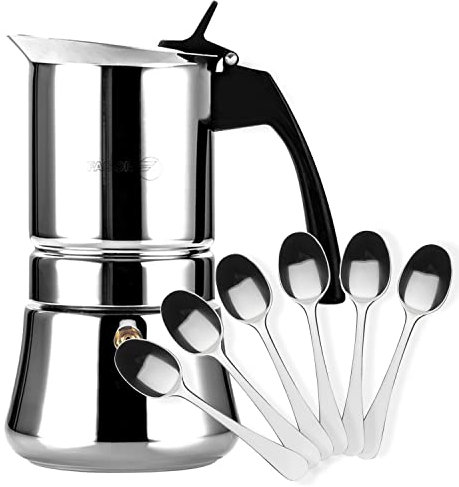 Fagor Etnica - Cafetera Italiana 4 Tazas + 6 Cucharas Moka, Acero Inoxidable, Todo Tipo de Cocinas, Inducción, Mango Ergonómicos de Nylon, Café