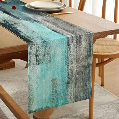 Camino de Mesa Verde Azulado Camino de Mesa de Doble Capa de Lino, Paño Decorativo Grueso Azul Turquesa Gris para Mesa de Fiestas, Bodas, Cenas de Eventos, Decoración del Hogar 33 cm x 183 cm
