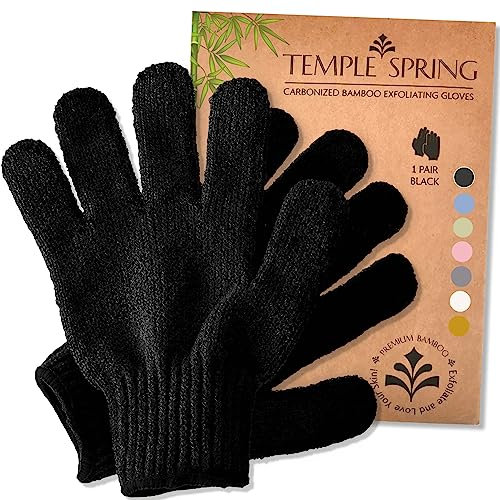 Temple Spring Exfoliating Glove, Carbonized Rayon Bamboo Body Scrubber, Loofah Exfoliating Mitt, Shower Scrubber Wash Cloth, Body Exfoliator Scrub, Loofa Shower Gloves Bath Sponge - Black