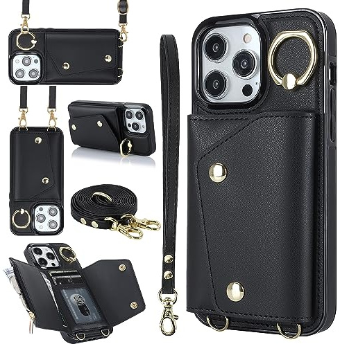 PRIVHOM Crossbody Case for iPhone XR Cover, Leather Crossbody Wallet Phone Case with Adjustable Removable Lanyard Strap,Cord Lanyard Shockproof Protective Case Black