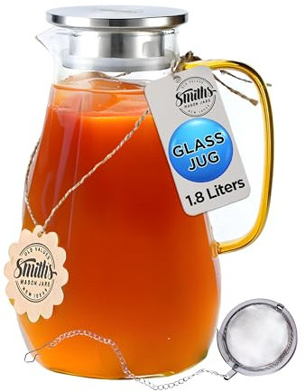 Smiths Mason Jars 1.8L Pitcher di vetro con infusore, cappuccio removibile a 2 vie e pallina di tè - Vasca d'acqua infusa per bevande calde a fredde - Spogliarello di infusione elegante