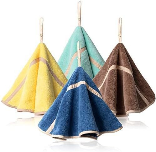 FoOhy 4 asciugamani rotondi da appendere in pile corallo assorbente (4 colori: rosa, verde, grigio, beige)