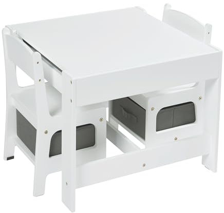 Panana Kindertisch mit 2 Stühlen Sitzgruppe mit Stauraum, 3tlg. Kindersitzgruppe, für Kinder Vorschüler Kindermöbel (Weiß)