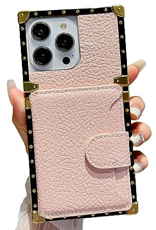 Rectangle Wallet Glitter Leather Case for iPhone 15 Pro Max 6.7 with Card Holder Luxury Shiny Trendy Flip Quilted Design Metal Golden Edges Shockproof Protective Girls Women Cover(i15 ProMax,Pink)