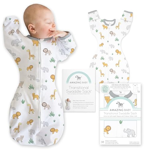 Fantastisk baby övergångssäck, armar upp halvlånga ärmar och vantar manschetter, linda för nyfödda övergång till baby sovsäck bärbar filt, stor, 6-9 månader, 9,5-10,9 kg, på safari